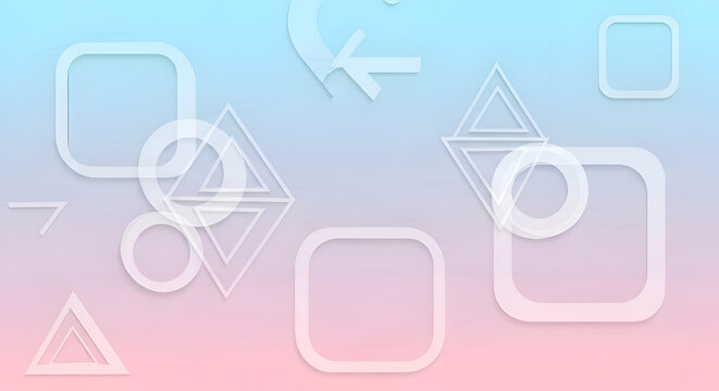 Abstract geometric shapes with rounded corners circles and triangles on a soft gradient background of blue and pink