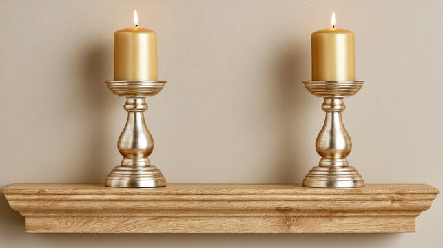 Elegant gold candlesticks with warm lit candles on a wooden shelf against a neutral wall for a cozy ambiance