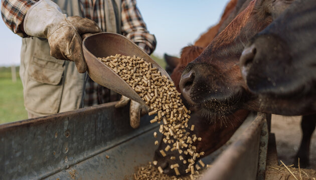 Farmer Feeding Horses with Grain Pellets in Stable Trough Close Up