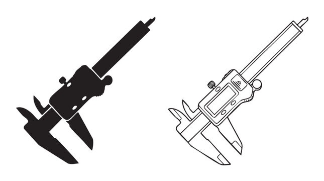 caliper measuring tool black silhouette with line art vector illustration