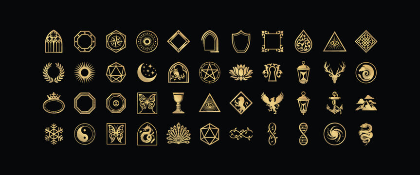 Collection of mystical and magical symbols on black background