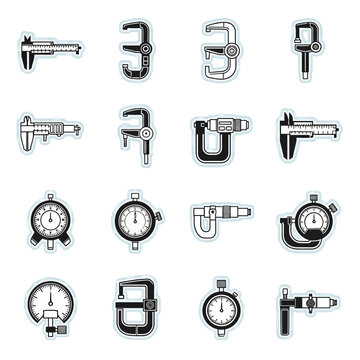 Set of Measuring Tools Icons: Calipers, Micrometers, Gauges