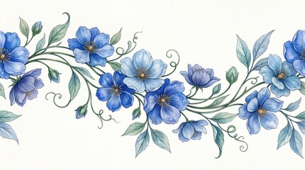 Fototapeta premium A graceful seamless horizontal border illustration showcasing lovely watercolor blue flowers entwined with elegant green vines, buds, and delicate leaves on a clean white paper background.