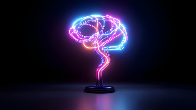 Futuristic glowing neon brain made of fiber optic cables, representing artificial intelligence, neuroscience, and advanced digital technology.