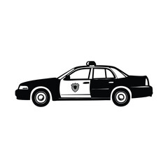 Side view illustration of a classic police patrol car with a light bar and shield emblem, depicted in a black and white graphic style. © Orko Talukdar
