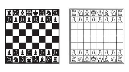 chessboard and pieces black silhouette with line art vector featuring game, board, chess © Shamsul