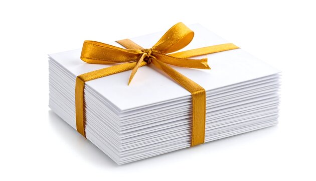 Stack of white paper wrapped as a gift with golden ribbon