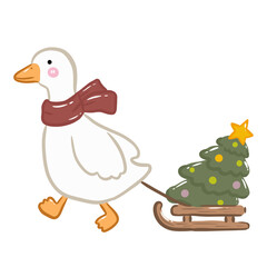 Cute Christmas white goose illustration, hand drawn whimsical goose wearing red scarf pulling a wooden sled with Christmas tree © Ngoc