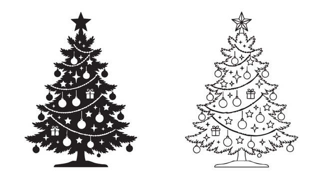 christmas tree black silhouette with line art vector ornaments star gift icons