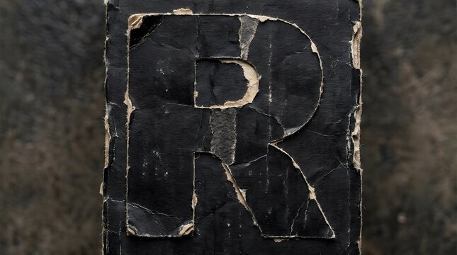 Distressed black paper with a torn letter R.