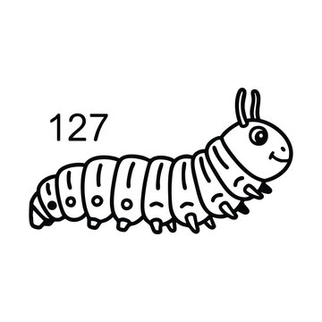 Black and white line drawing of a cute cartoon caterpillar with a friendly face and the number 127 next to it, suitable for children's activities.