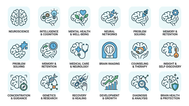 Brain Icons: Neuroscience, Cognition, Mental Health, Therapy, Memory, and Development