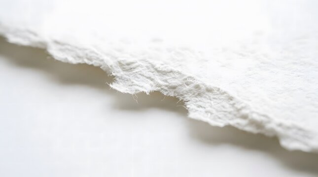 Macro view of white handmade paper with deckled torn edge.