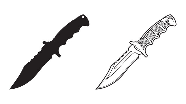 combat knife black silhouette with line art vector illustration