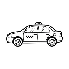 Fototapeta premium Black and white outline drawing of a classic taxi cab with a roof sign and checkerboard pattern on the side.