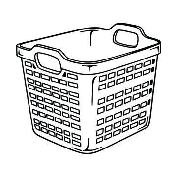 Black and white line art illustration of an empty plastic laundry basket with handles, featuring a perforated design on its sides.