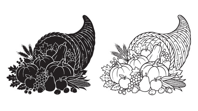cornucopia black silhouette with line art vector overflowing with harvest fruits and veget