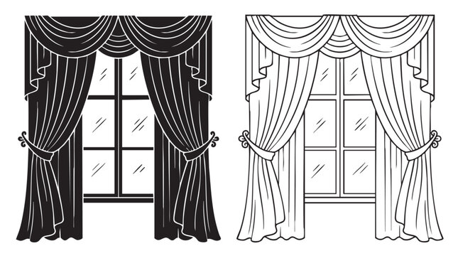curtains framing window black silhouette with line art vector