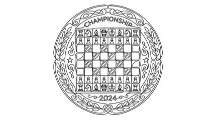Hand-drawn Chess Championship Emblem with Board and Pieces, Year 2024 © Lancar