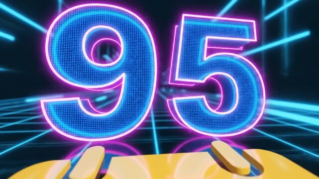 Futuristic Glowing 95 Number Animation with Piano Keys on Retro Grid Background