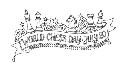 World Chess Day July 20 Banner with Chess Pieces, Gears, and Stars - Black and White Line Art © Lancar