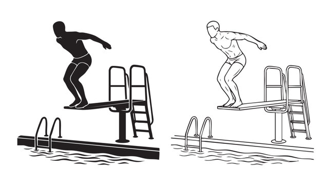 diver on springboard about to jump black silhouette with line art vector