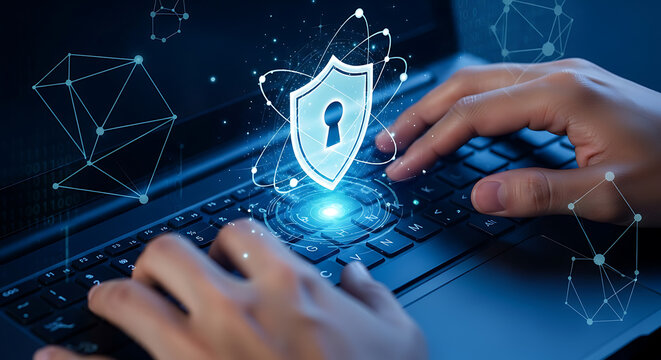 A person typing on a laptop keyboard with a glowing blue cybersecurity shield icon superimposed, representing digital data protection and network security.