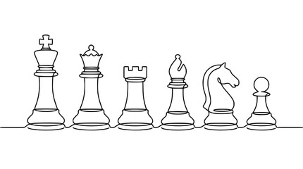 Continuous Line Drawing of Chess Pieces - King, Queen, Rook, Bishop, Knight, Pawn © Lancar