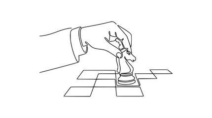 Hand moving chess knight piece on board, business strategy, planning, decision making concept, one line drawing © Lancar