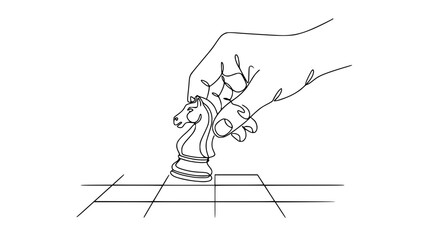 Hand moving chess knight piece on board, minimalist one line drawing, strategic game concept. © Lancar