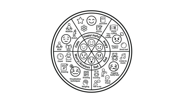 Emotion Wheel Chart with Icons and Faces, Psychology Concept, Vector Art