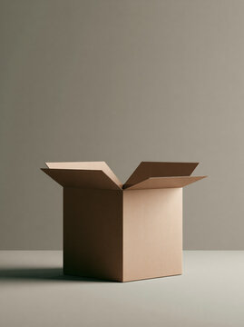 Recycled cardboard box open package empty container brown carton studio product shot minimalist scene plain background packaging material