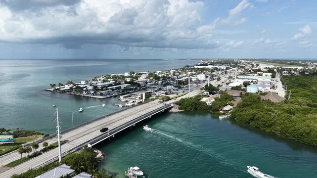 Aerial view of fishing boats at the Vaca Cut channel bridge at Marathon in Florida Keys