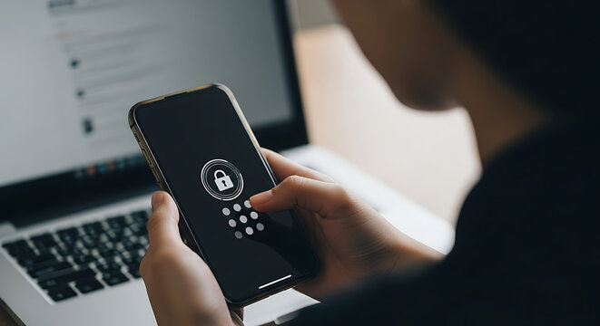 A person's hands holding a smartphone with a locked screen and a keypad, with a laptop in the background.