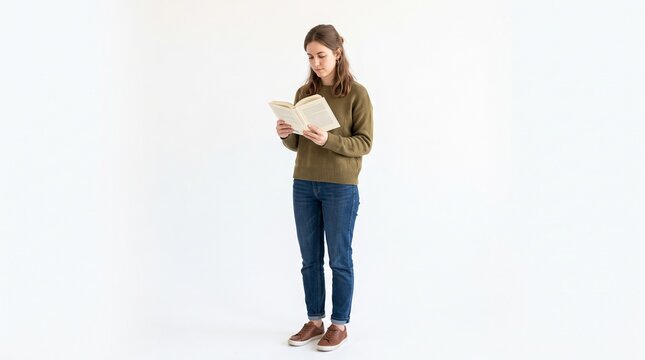 Young Woman Standing Indoors Reading a Book Against a White Background