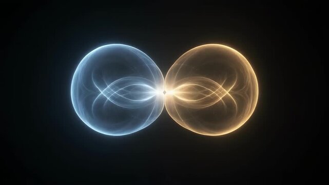 Glowing blue and orange energy spheres connected in a dark space