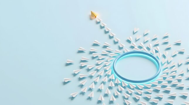 Golden paper plane leading white planes out of a circular loop representing leadership, finding direction and simplifying complex business processes