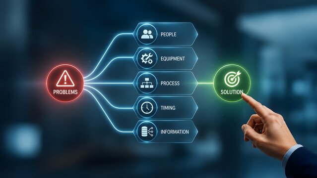 Problem solving strategy flowchart showing business process analysis from root cause to successful solution implementation