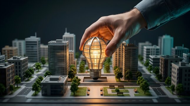 Smart city innovation concept showing hand placing glowing lightbulb onto miniature urban diorama for sustainable development