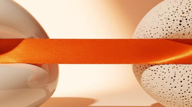 Minimalist composition of two spherical objects connected by a smooth bright orange ribbon against soft warm tones