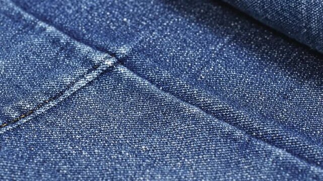 Close up view of the blue denim fabric texture with seams and stitches for fashion designs and backgrounds