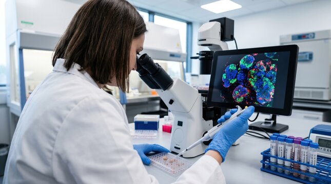 Female scientist working in modern laboratory using microscope and pipette for cell analysis, biomedical research and genetic testing concept with digital display showing fluore...