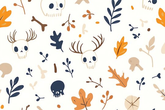 Autumnal skulls and leaves pattern
