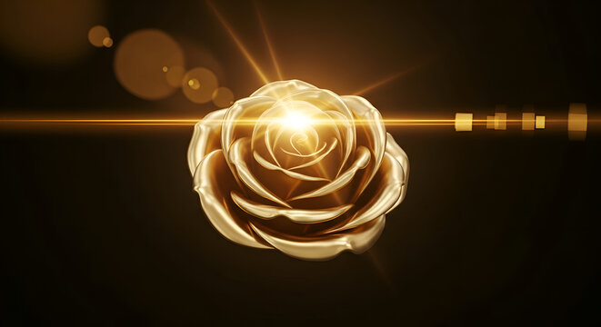 Gleaming golden rose sculpture with dramatic golden light flares and bokeh effects on dark background