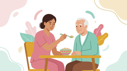Fototapeta premium Caring nurse feeding elderly man at table, vector illustration, healthcare, assistance, and kindness