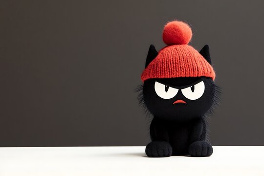 Angry black cat wearing red hat
