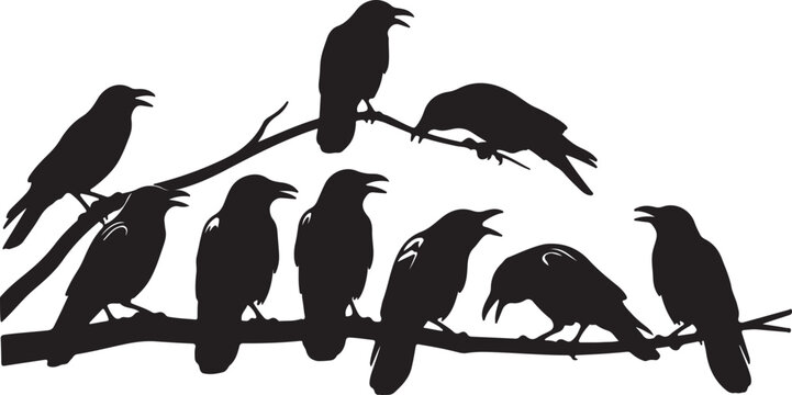 Rabenv&ouml;gel am Ast, Raben Gruppe Silhouette, Vektor Illustration isoliert auf wei&szlig;em Hintergrund