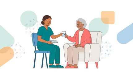 Fototapeta premium Caring nurse giving medication and water to an elderly woman in a chair, vector illustration, healthcare concept
