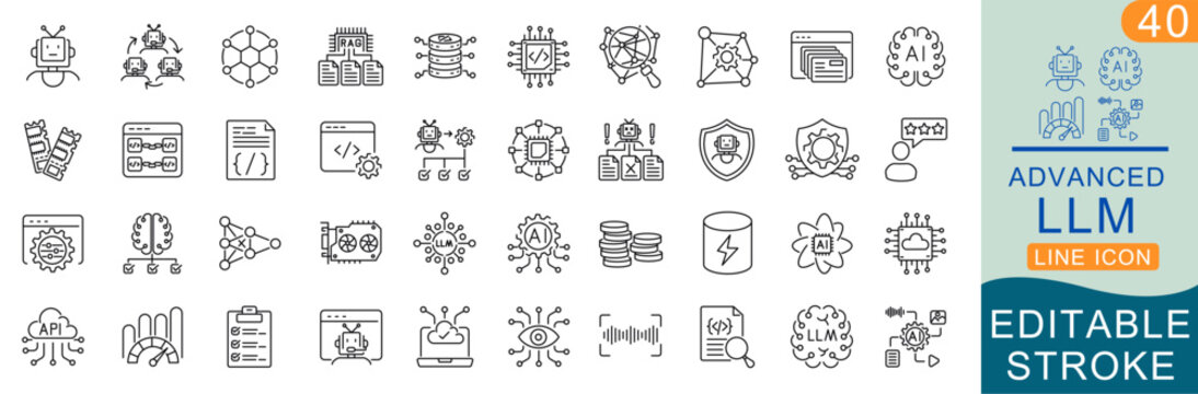 Advanced Large Language Model (LLM) Line Icon Set - AI Agent, RAG, MCP, Vector Database, Embeddings, Editable Stroke Vector Icons