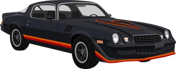 Naklejka premium Black Classic American Muscle Car with Racing Stripes Vector Illustration